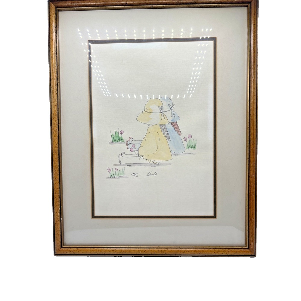 80's Wendy Haynes Friends and Flowers Hand Colored Lithograph Signed Framed Art